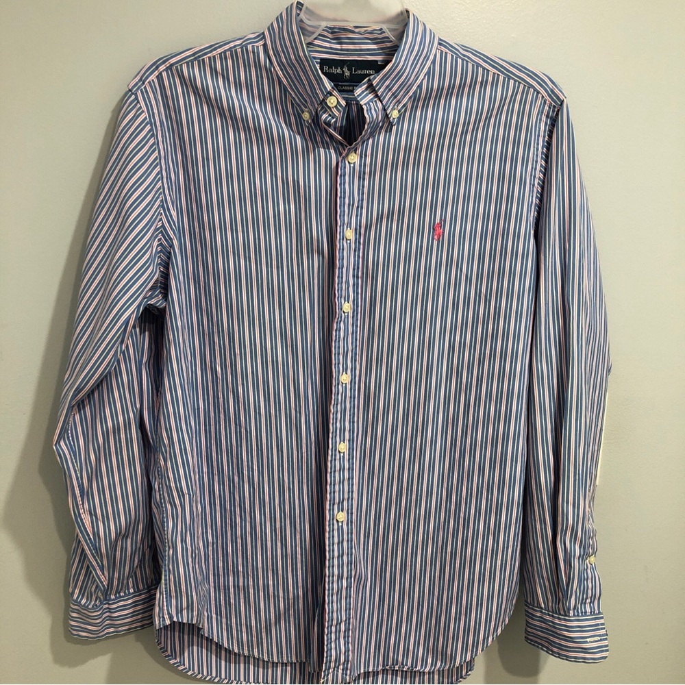 Ralph Lauren Classic Fit Mens L Stripped Blue Pink Yellow Button Down Shirt